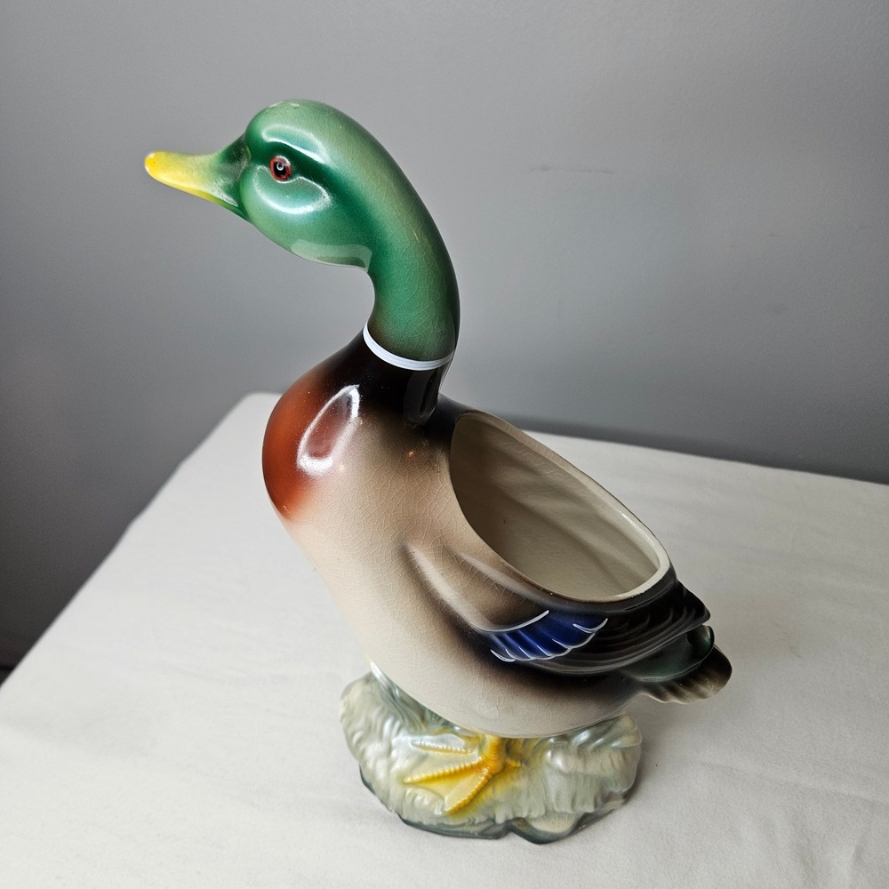 Vtg Mallard Duck Ceramic Planter Vase‎ Figurine Green Head Wildlife Decor 10.25"